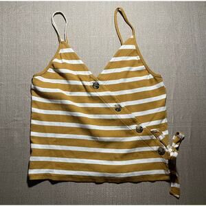American Eagle Womens Large Top Crop Tank Top Yellow Stripe Side Tie Buttons EUC
